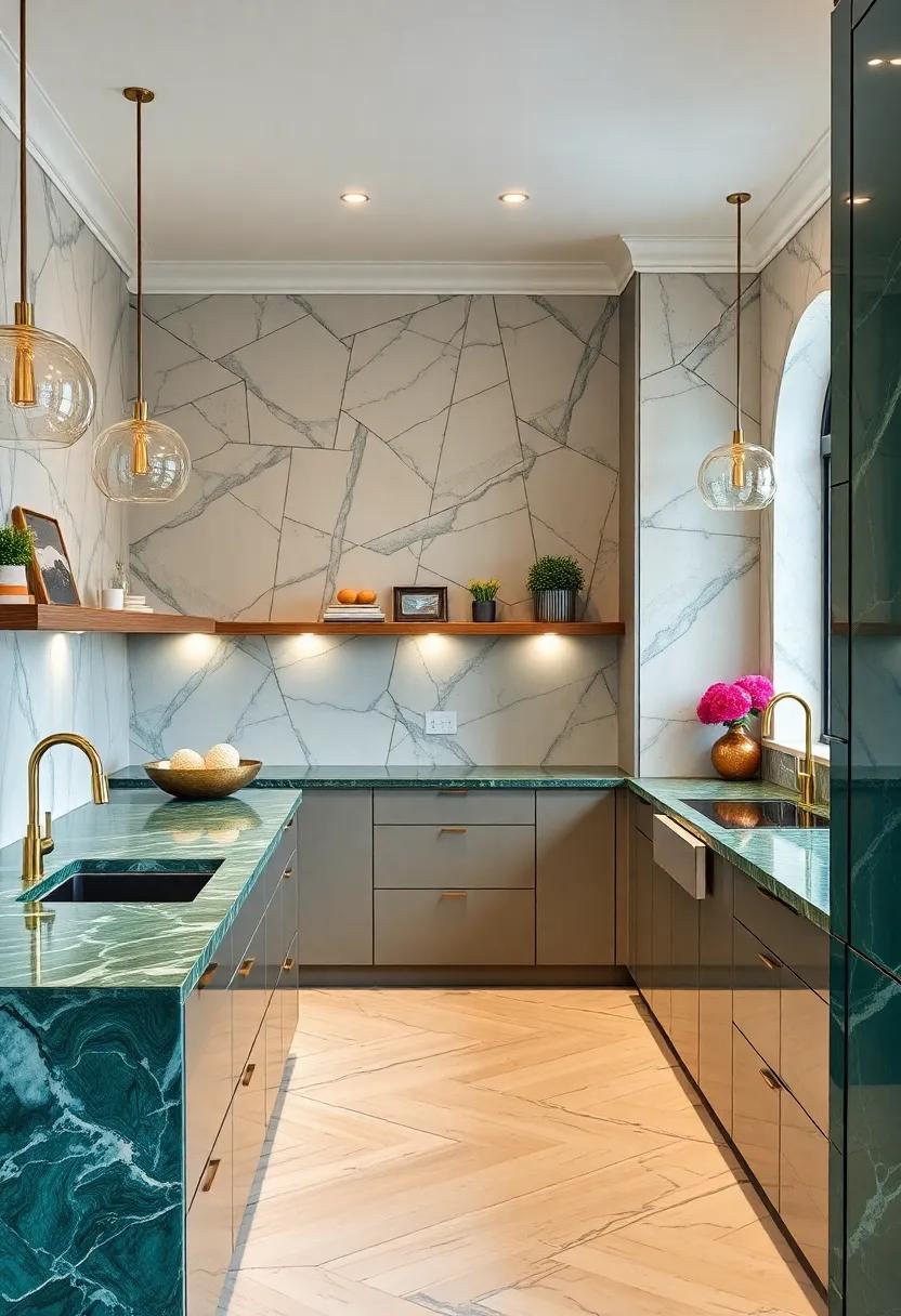 Discover the timeless⁣ elegance of a kitchen adorned with rich green marble countertops,‌ seamlessly blending‌ with brass fixtures and sleek cabinetry for a sophisticated⁣ Art deco aesthetic