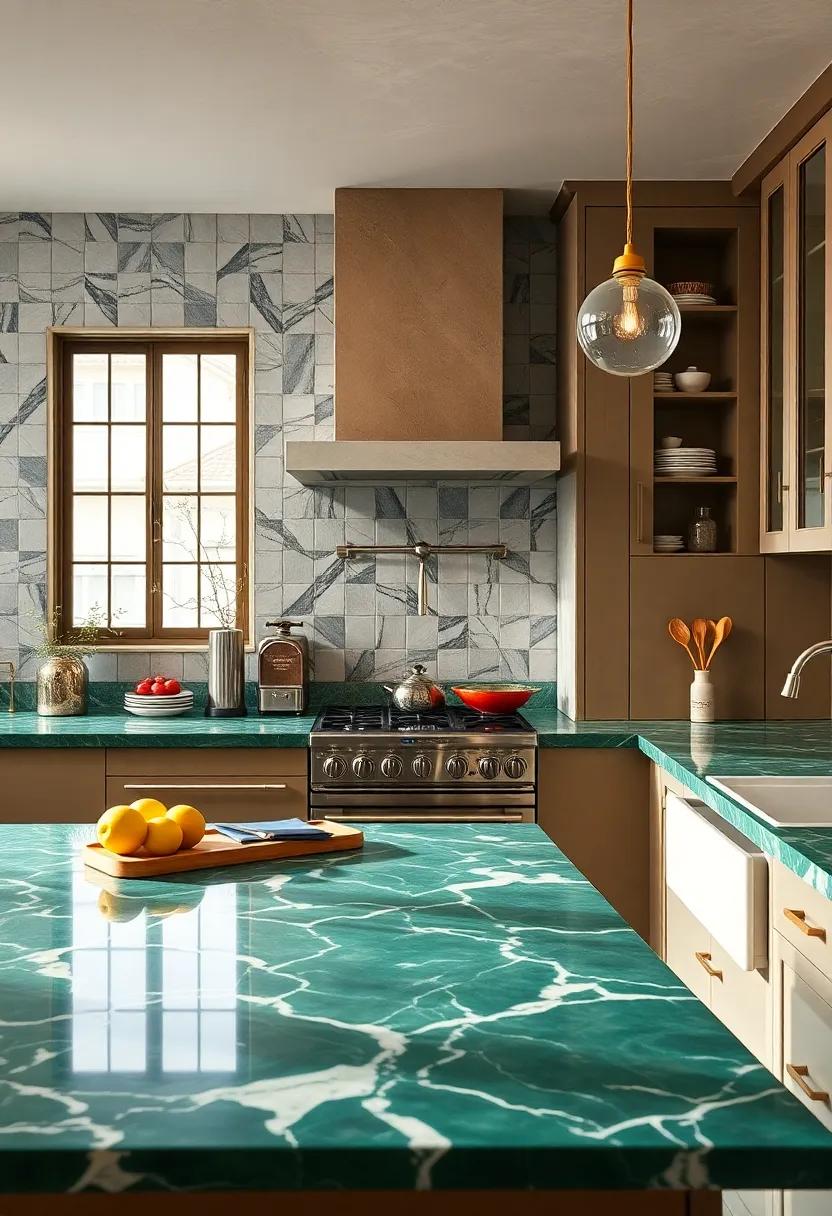 Journey into a nostalgic kitchen where classic Art deco elements come alive through emerald green marble tops⁤ and ‍vintage-inspired appliances that echo ‌the charm ​of a bygone era