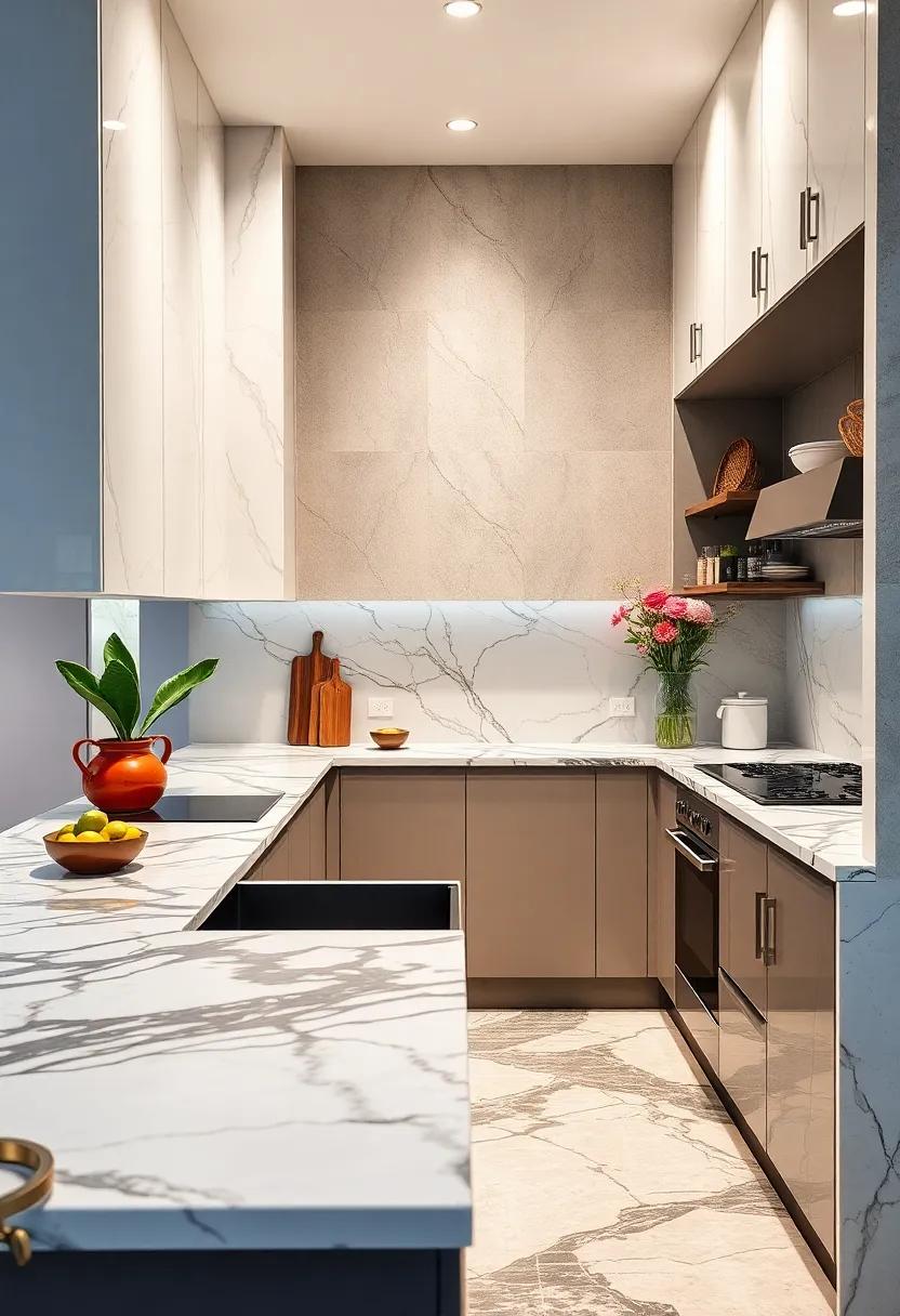 Uncover ​the captivating ‌beauty of a compact kitchen featuring a clever layout with stylish black-and-white marble countertops that maximize space while maintaining decadence