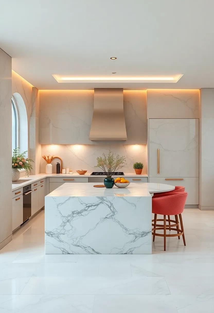 Revel in⁢ the artistry of a kitchen designed with captivating rose⁢ gold accents ‌and ​a luxurious marble ⁣island that invites guests to gather and enjoy culinary creations