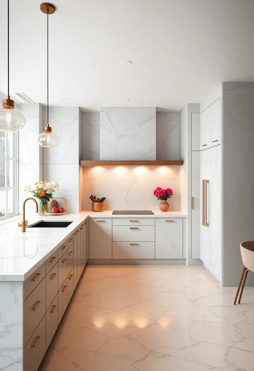 Explore ​the possibilities of a luxe​ kitchen ‍featuring marble countertops ⁢with radiant white and silver hues, illuminated by stylish ‌pendant lights for an inviting glow