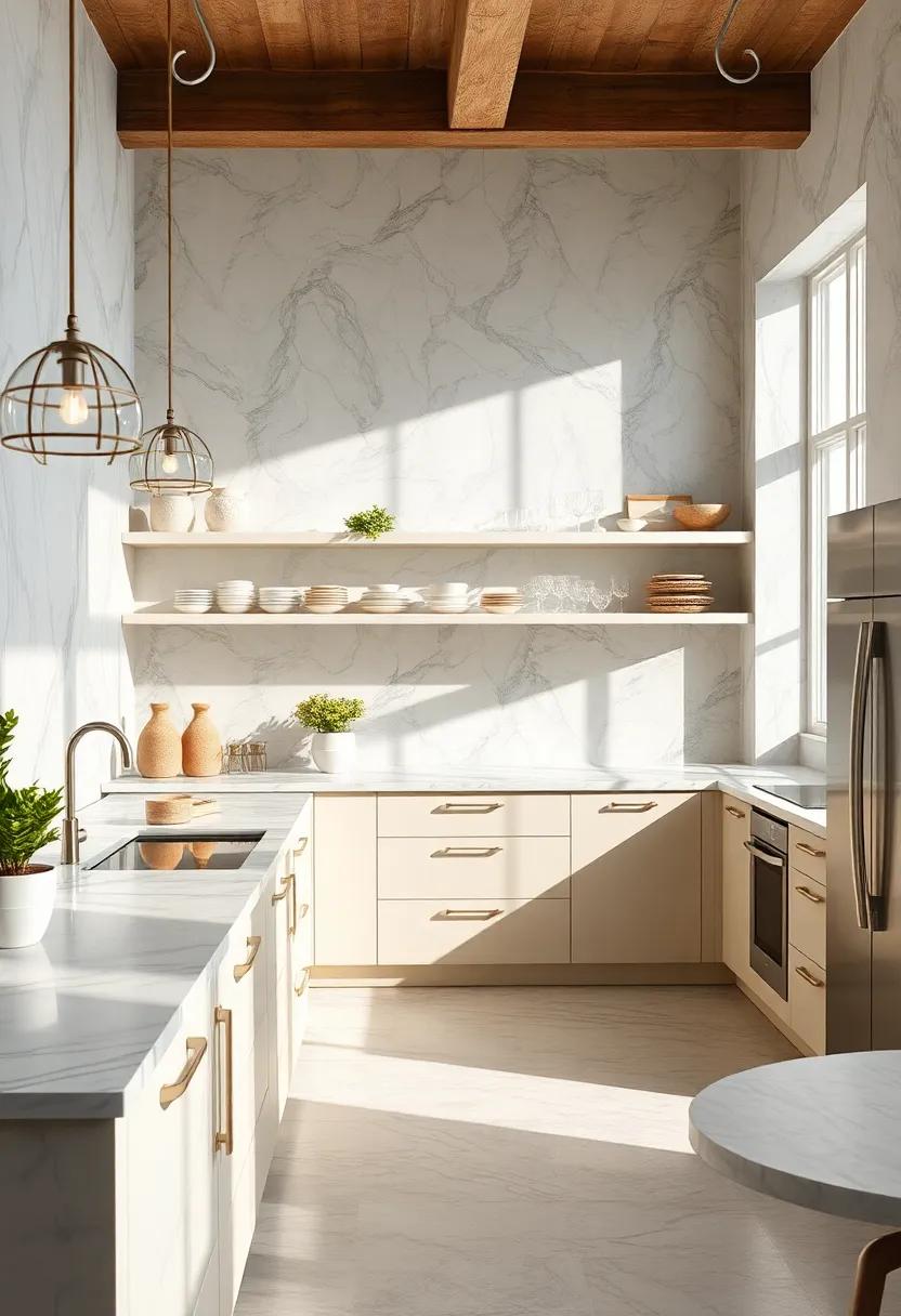 Enjoy the⁤ fresh ambiance of a sun-drenched​ kitchen where pale marble counters glisten, embraced by‍ open shelving ⁢showcasing fine dishware and ‍glassware