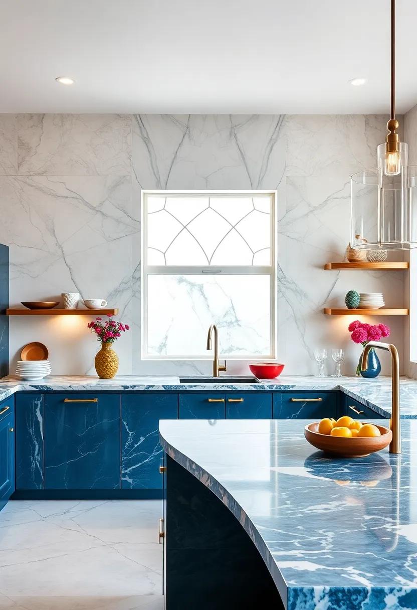 Marvel at the fusion of classic and‌ modern design in a⁣ kitchen where deep blue ⁣marble countertops echo ‍the ocean,creating a serene yet ‌elegant cooking space