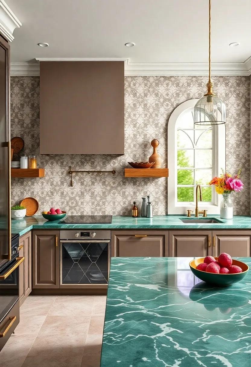 Adore⁢ the intricate tilework that frames ⁢stunning green marble countertops in a kitchen that⁢ marries classic ⁣allure with contemporary⁣ flair for a truly unique space