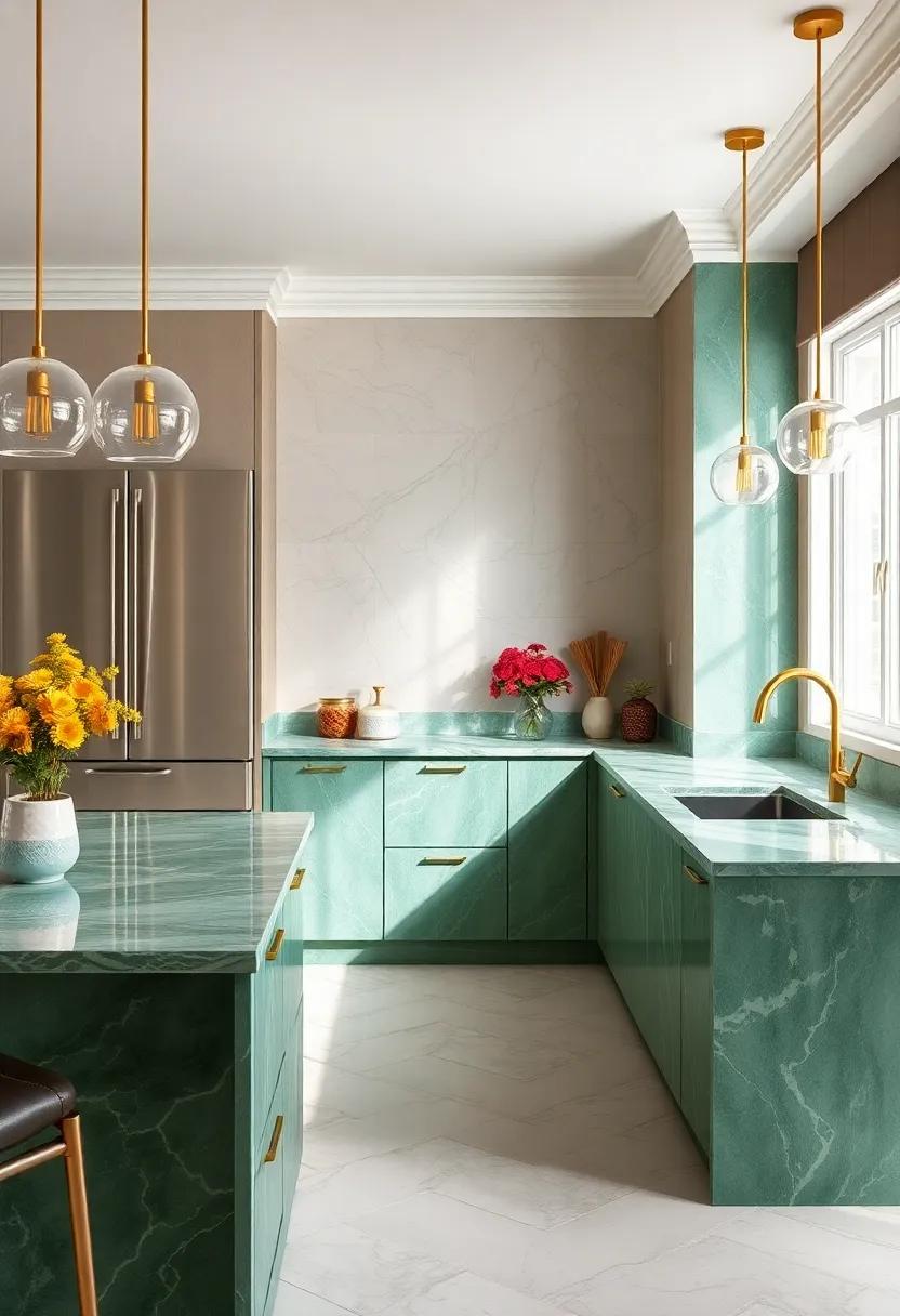 Discover a vibrant⁢ kitchen vibrant with jade ‍green‌ marble countertops that reflect ‍light beautifully, paired with gold accents ​for a sumptuous Art ⁣Deco flair