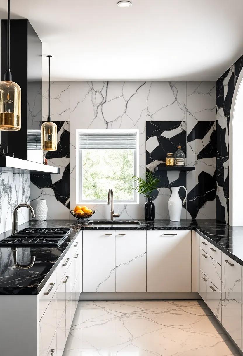Embrace the glamour of a dramatic⁢ black and white color scheme where striking black marble countertops ‌take center stage,beautifully complemented by bold geometric patterns on the walls