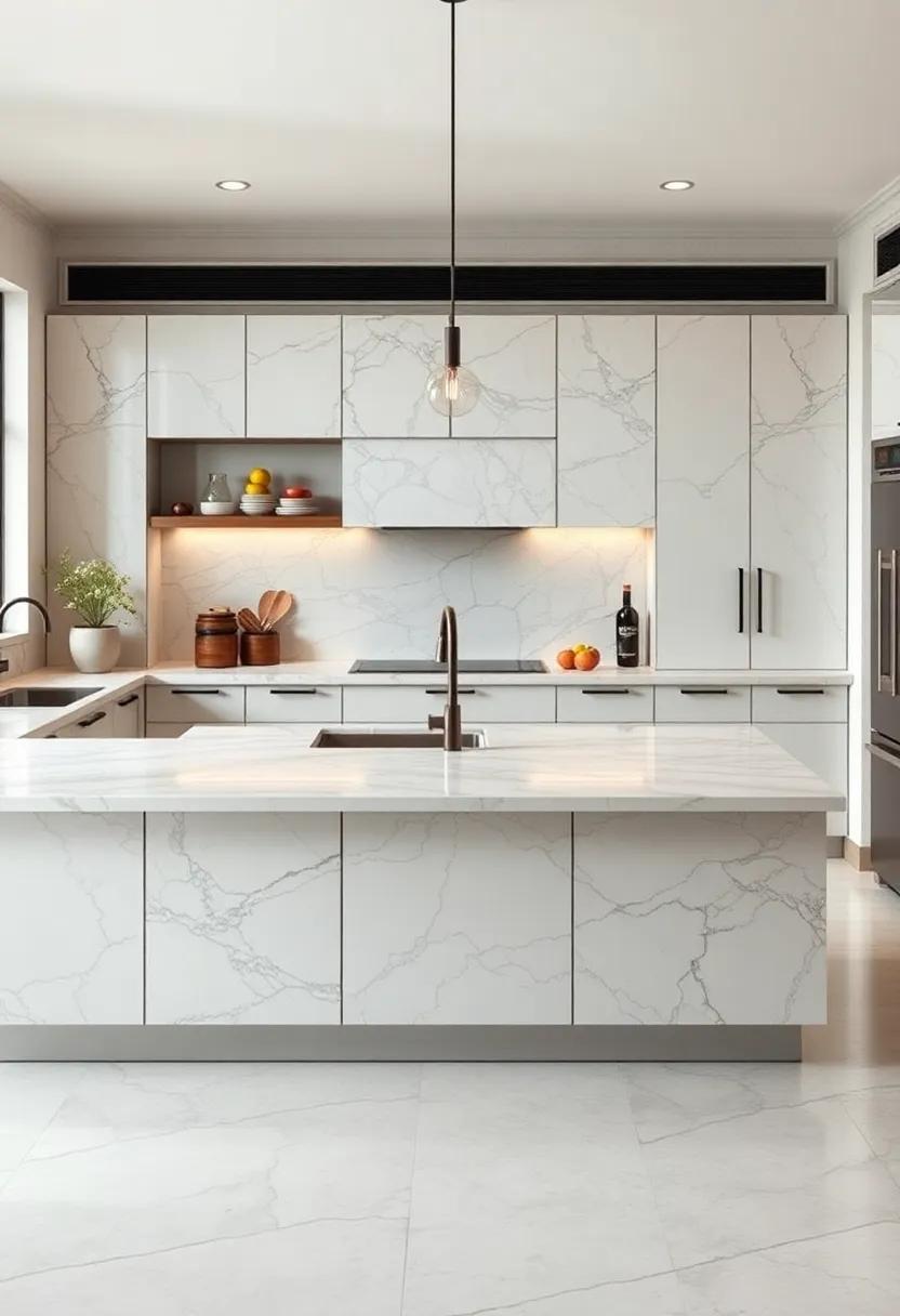 Explore a sophisticated kitchen featuring ⁤dual-tone marble countertops, elegantly enhancing the design while providing ⁣both functionality and style for the modern chef