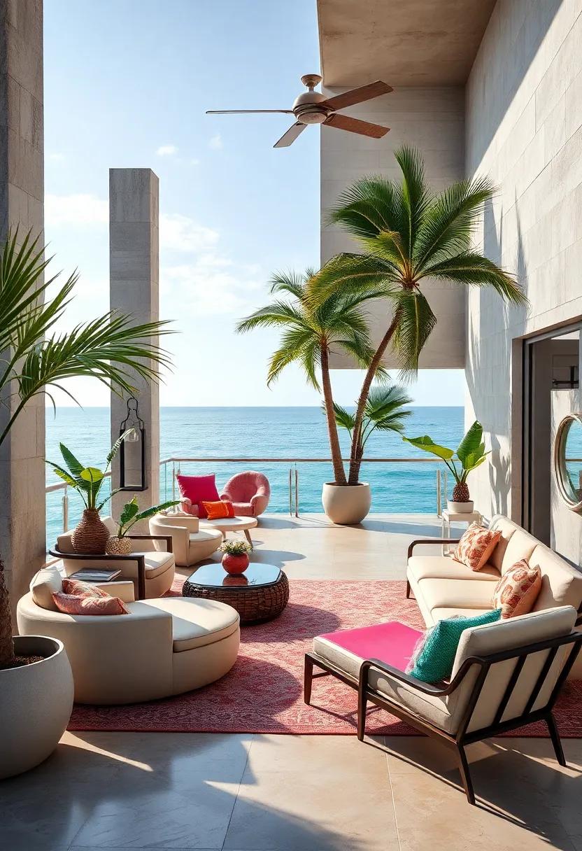 Discover the Elegance of the Sea: A coastal Art Deco terrace adorned with plush geometric-shaped seating and vibrant sunbathing loungers that celebrate the beauty of ocean views