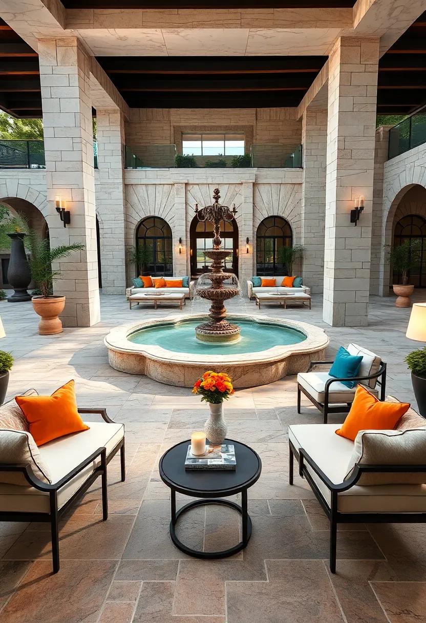 Fountain of Style: A grand outdoor space centered around a stunning fountain, complemented by stylish lounge chairs that create a serene and luxurious atmosphere