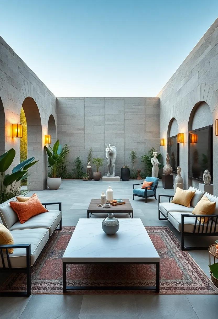 Nature’s Canvas: An outdoor gallery boasting minimalist furniture paired with carefully curated sculptures, offering a serene space to appreciate art amidst nature
