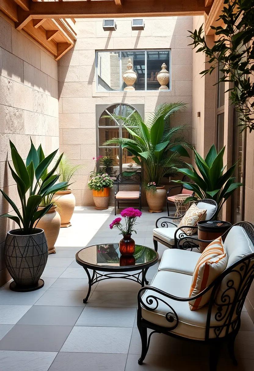 Vintage Vibes: Step into a charming courtyard filled with iconic Art Deco planters and wrought iron seating that transports you back to the glamorous 1920s