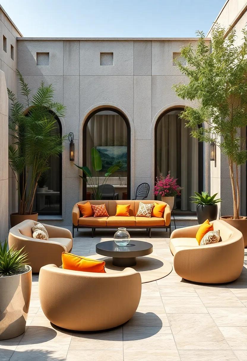 Sculptural Seating: An outdoor area showcasing architecturally designed seating that doubles as artwork, merging comfort with aesthetically pleasing design