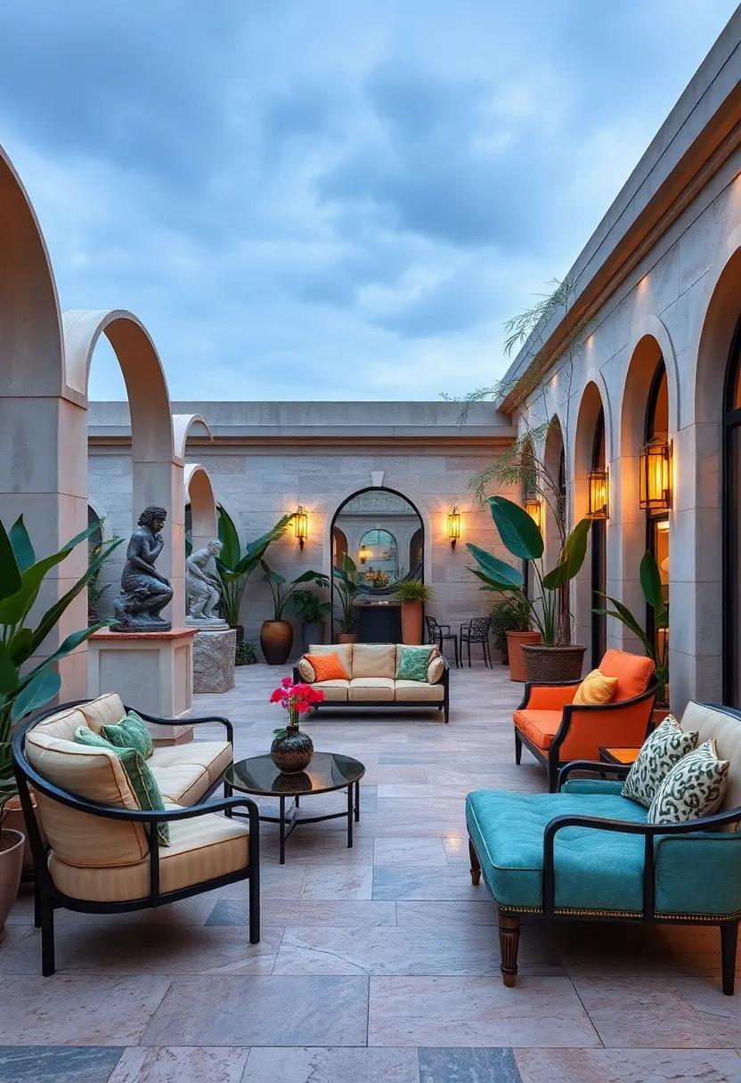 Layered Textures: Explore a lush garden where rich fabrics meet polished stone, highlighting beautifully designed outdoor sofas that invite hours of relaxation