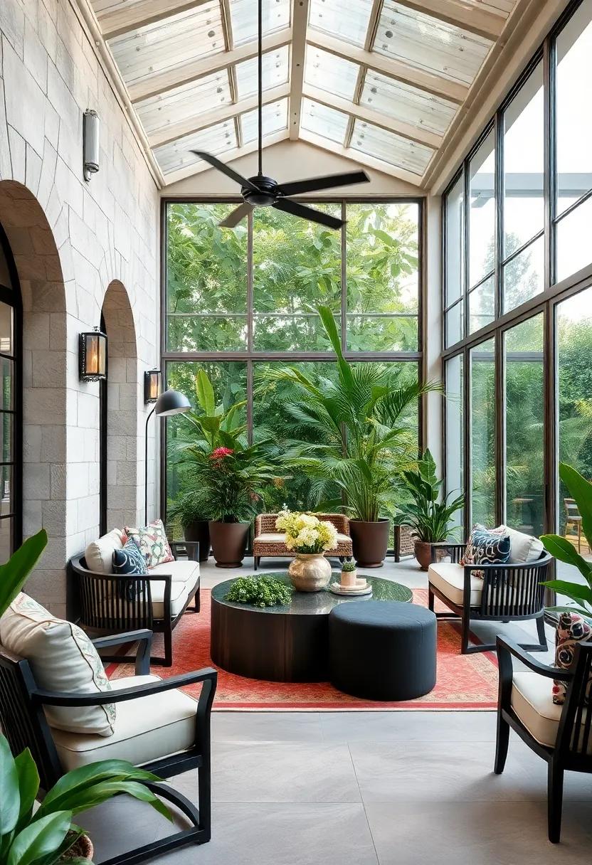 Chic Conservatory: A stylish outdoor room with glass walls and finely curated furniture, allowing nature to blend seamlessly with an elegant indoor ambiance