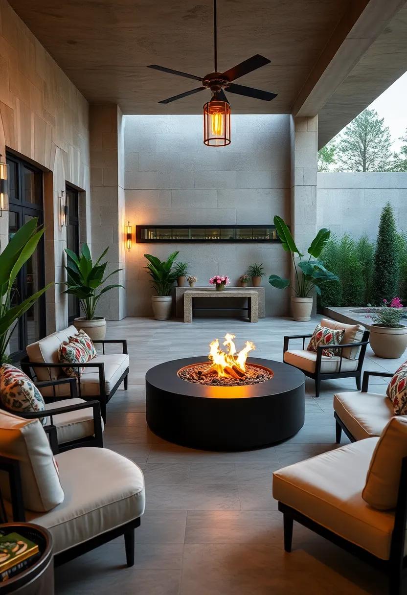 Fire and Flair: A lavish patio complete with a decorative fire pit surrounded by sophisticated seating, perfect for intimate conversations under the stars