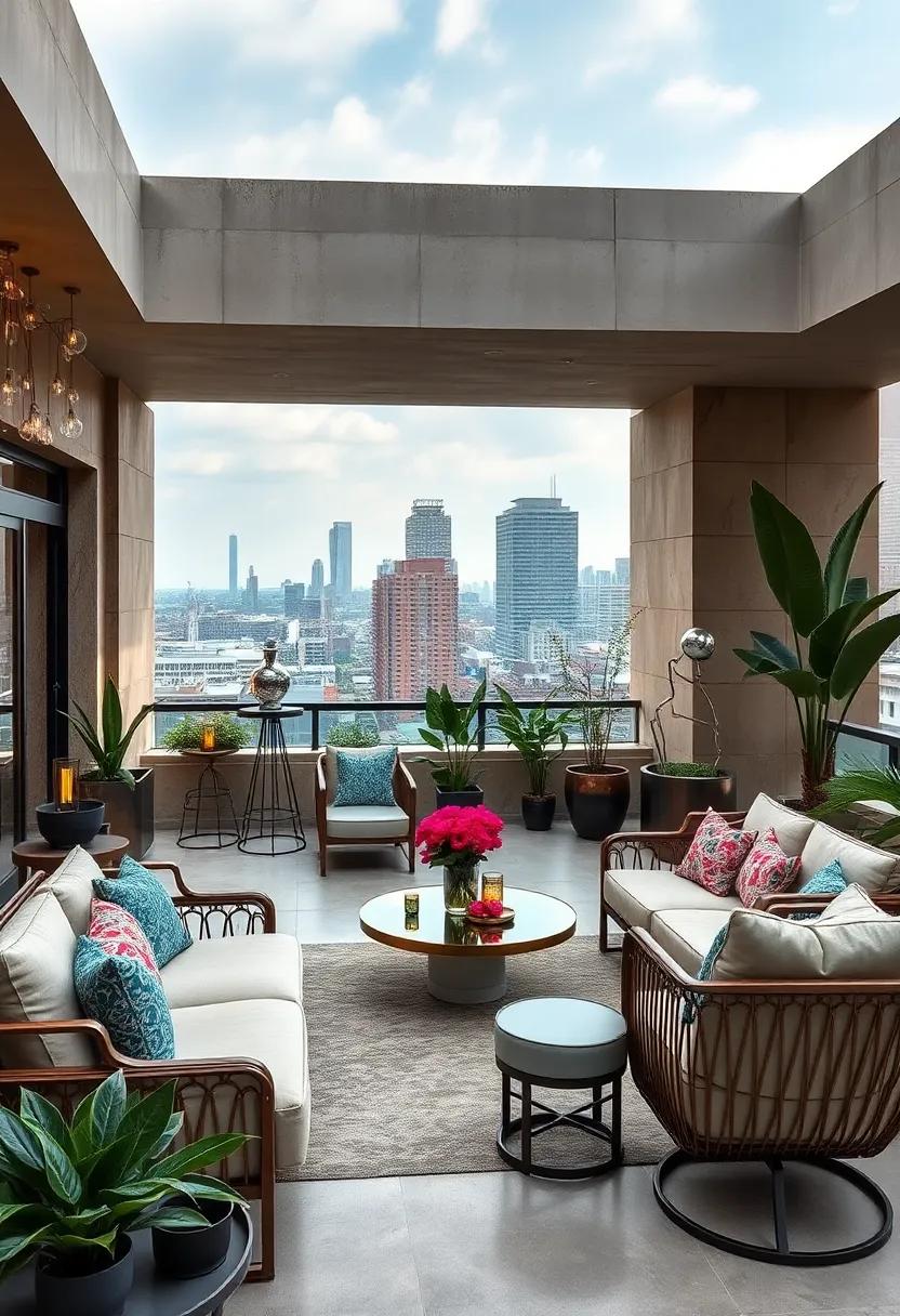 Rooftop Retreat: An opulent rooftop garden featuring sleek metal furniture and abstract sculptures, creating a luxurious escape amidst the urban skyline