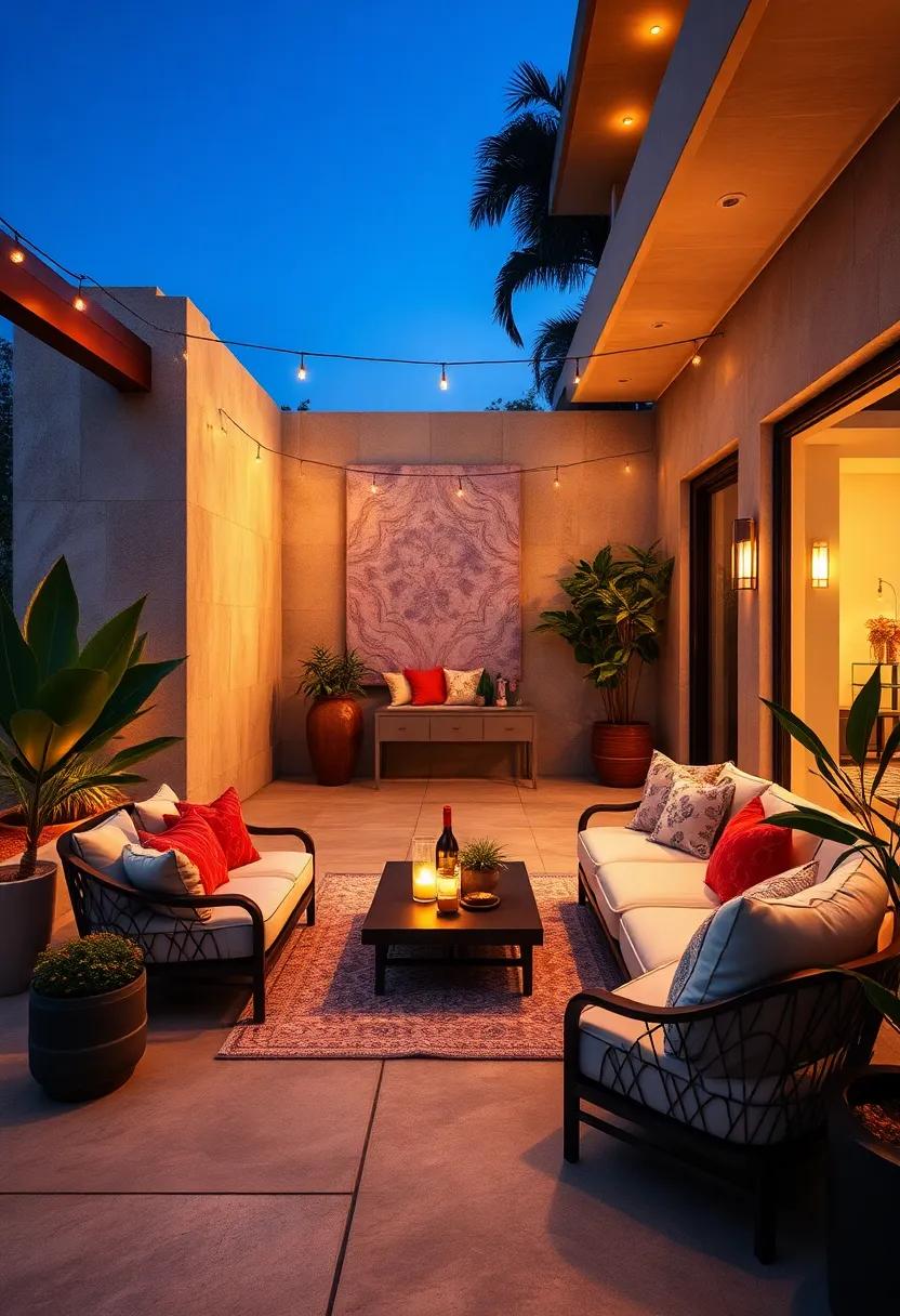 Serenity in style: A tranquil Zen space accentuated with elegant outdoor cushions and ambient lighting that promotes relaxation and contemplation