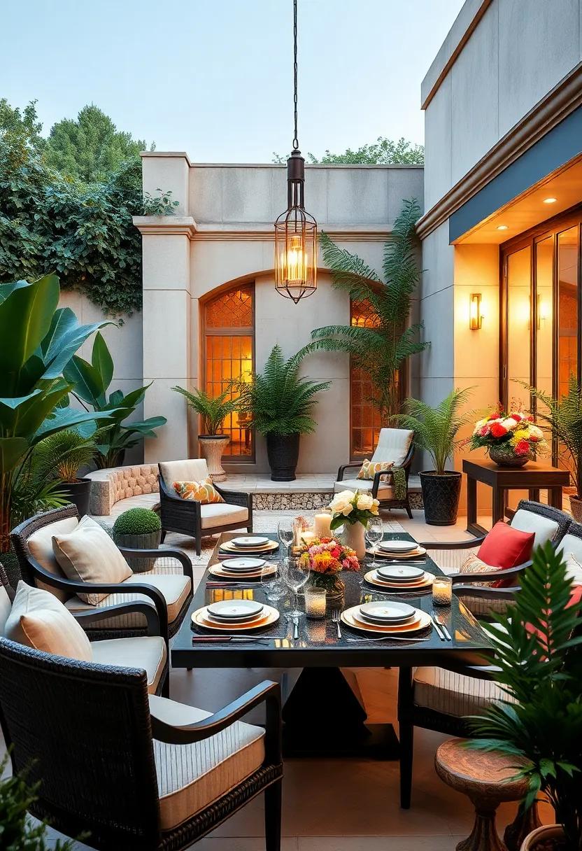 Garden Party Elegance: An enchanting outdoor dining set where elegant tableware and lush floral arrangements enhance the visual feast of parties al fresco