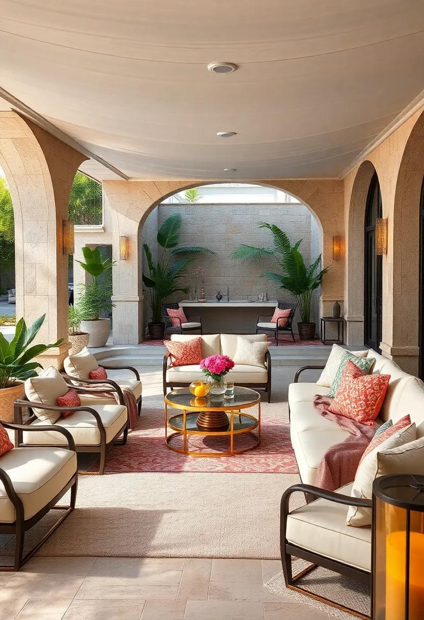 Luxurious Lounge: an inviting cabana featuring sumptuous cushions and stylish bar carts, perfect for entertaining guests in lavish comfort