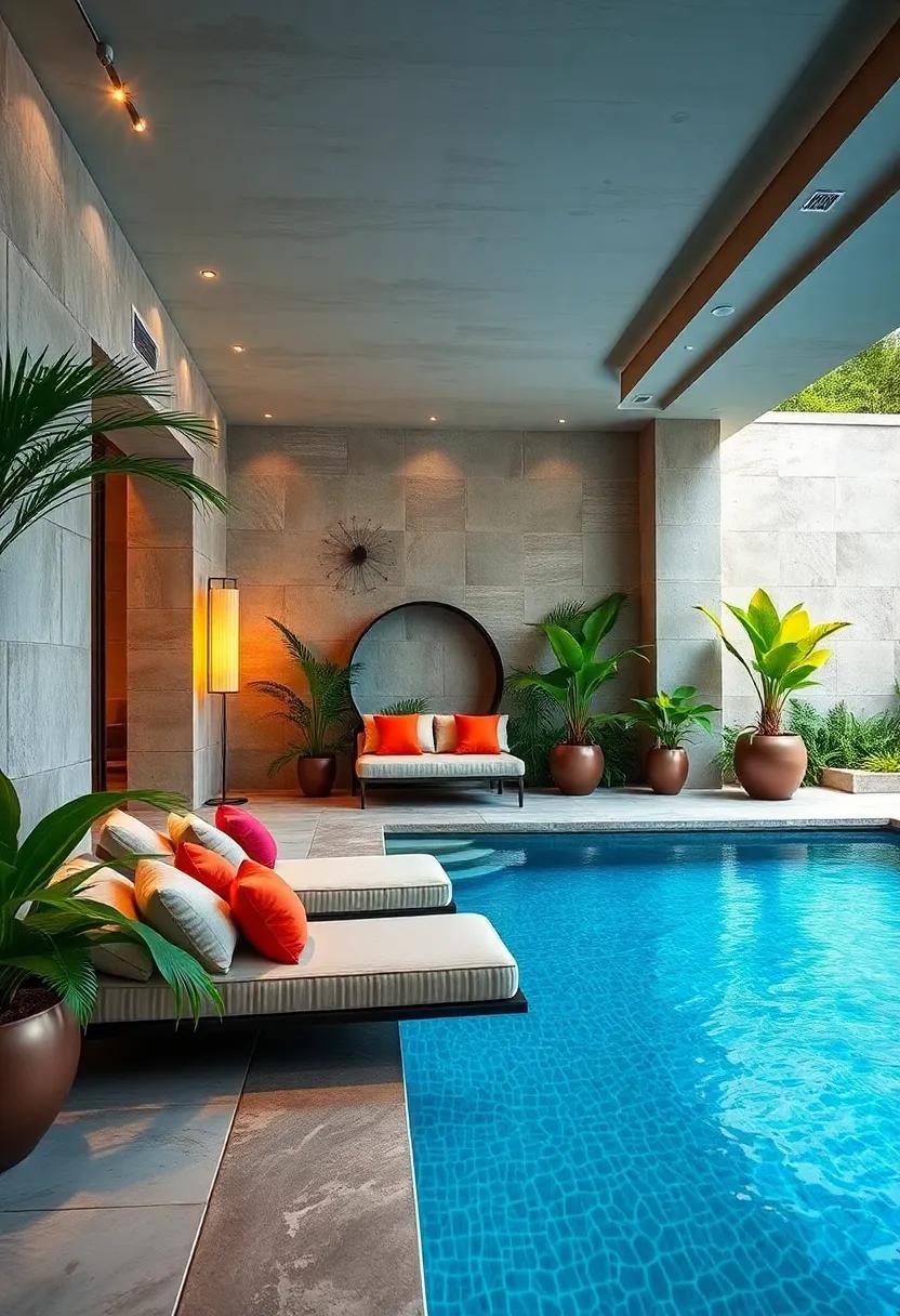 Elegant pool Alcove: A secluded area by the pool featuring Art Deco chaises and vibrant pillows, surrounded by lush greenery for ultimate luxury