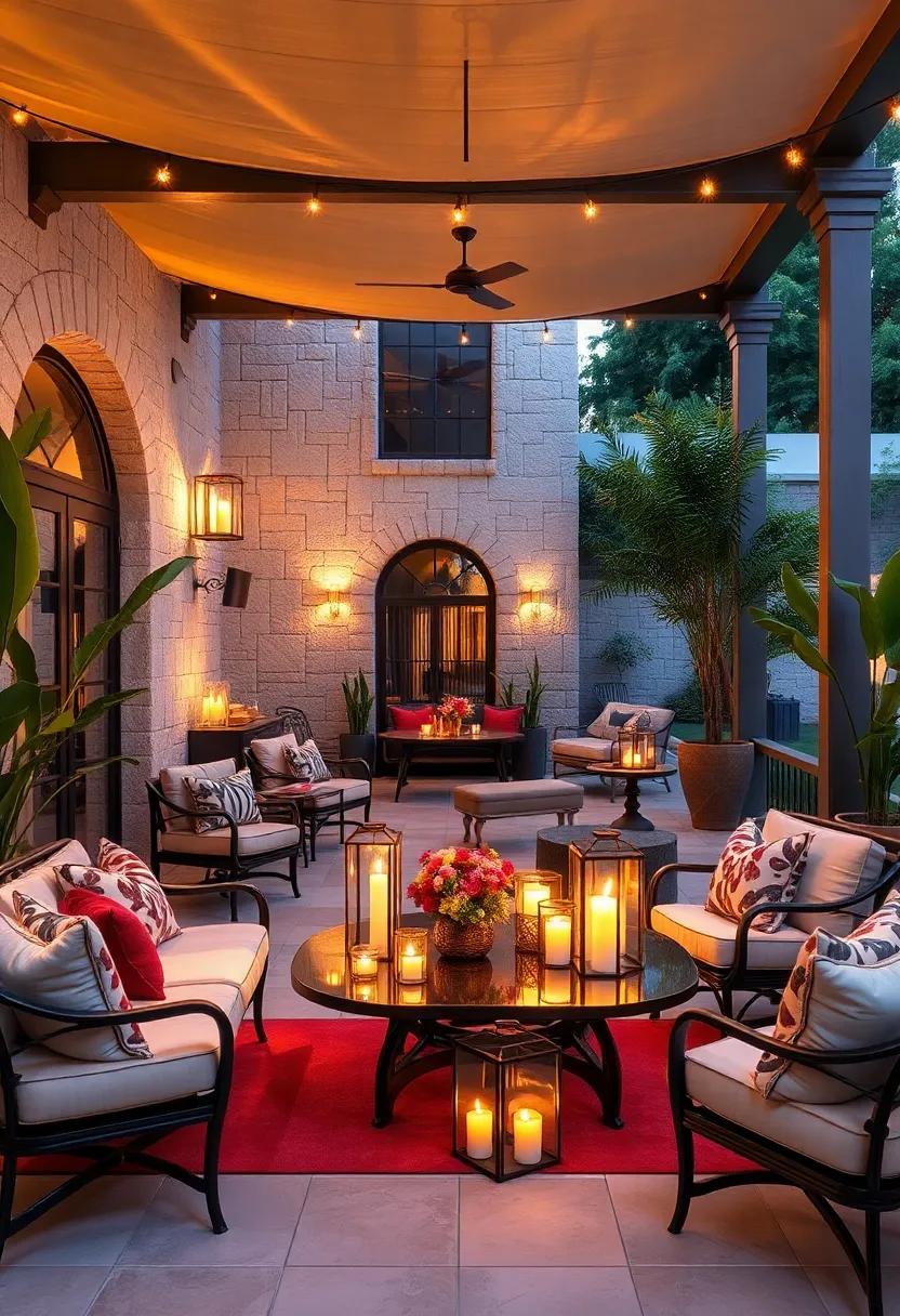 Lantern-Lit Evenings: An outdoor dining area adorned with whimsical lanterns as centerpieces, enhancing the ambiance for candlelit dinners under the stars