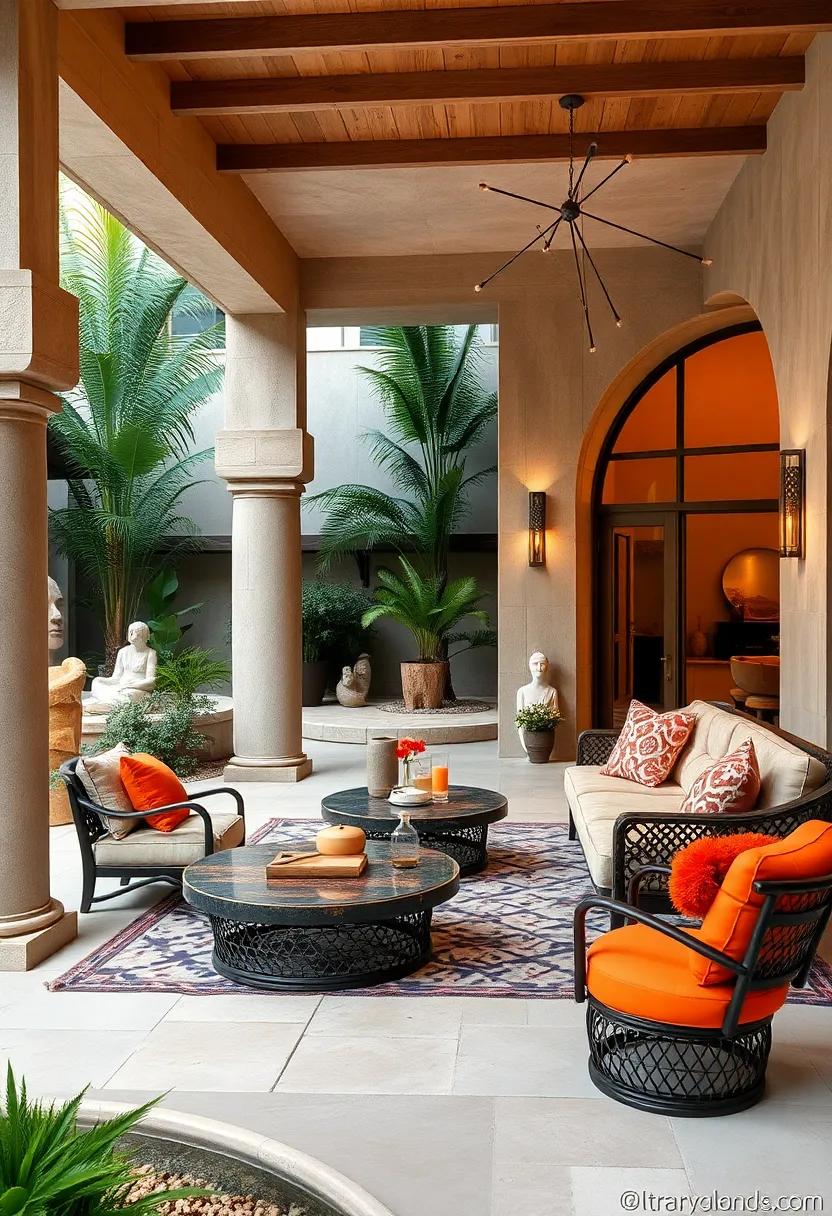 Mosaic Marvel: A stunning mosaic-tiled patio paired with sleek lanterns and chic lounge chairs, this space embodies the artistic spirit of Art Deco