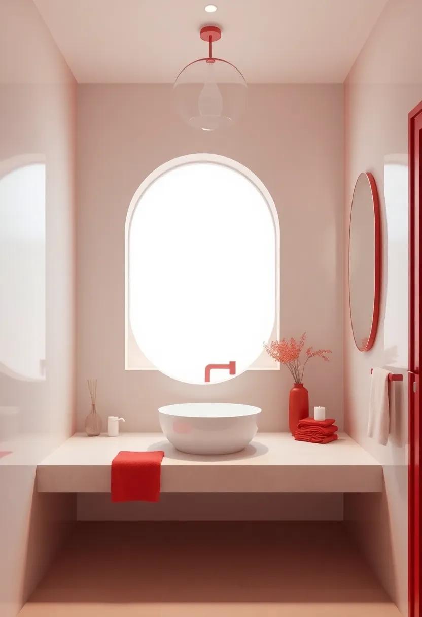 Merging Red and Neutral tones for an Elegant Bathroom Balance