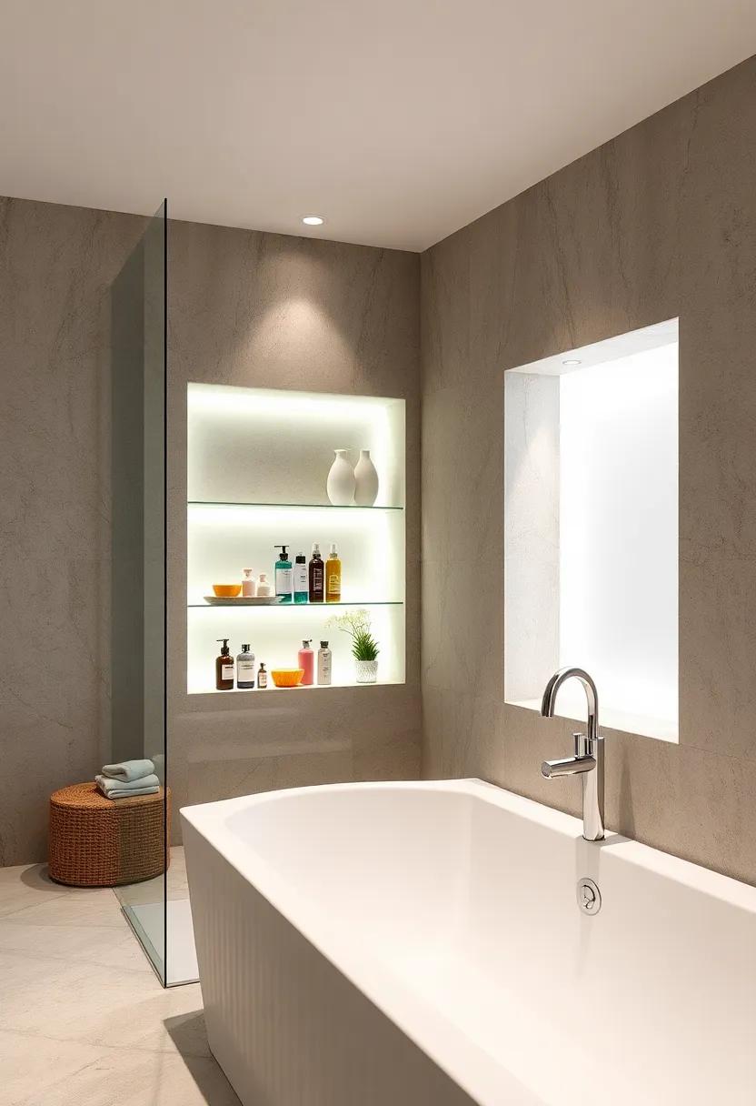 Illuminated⁣ Glass Niche: Showcase your ⁢favorite bath products in a backlit glass niche, adding ‌an ambient⁤ glow​ that elevates the entire‍ bathroom atmosphere