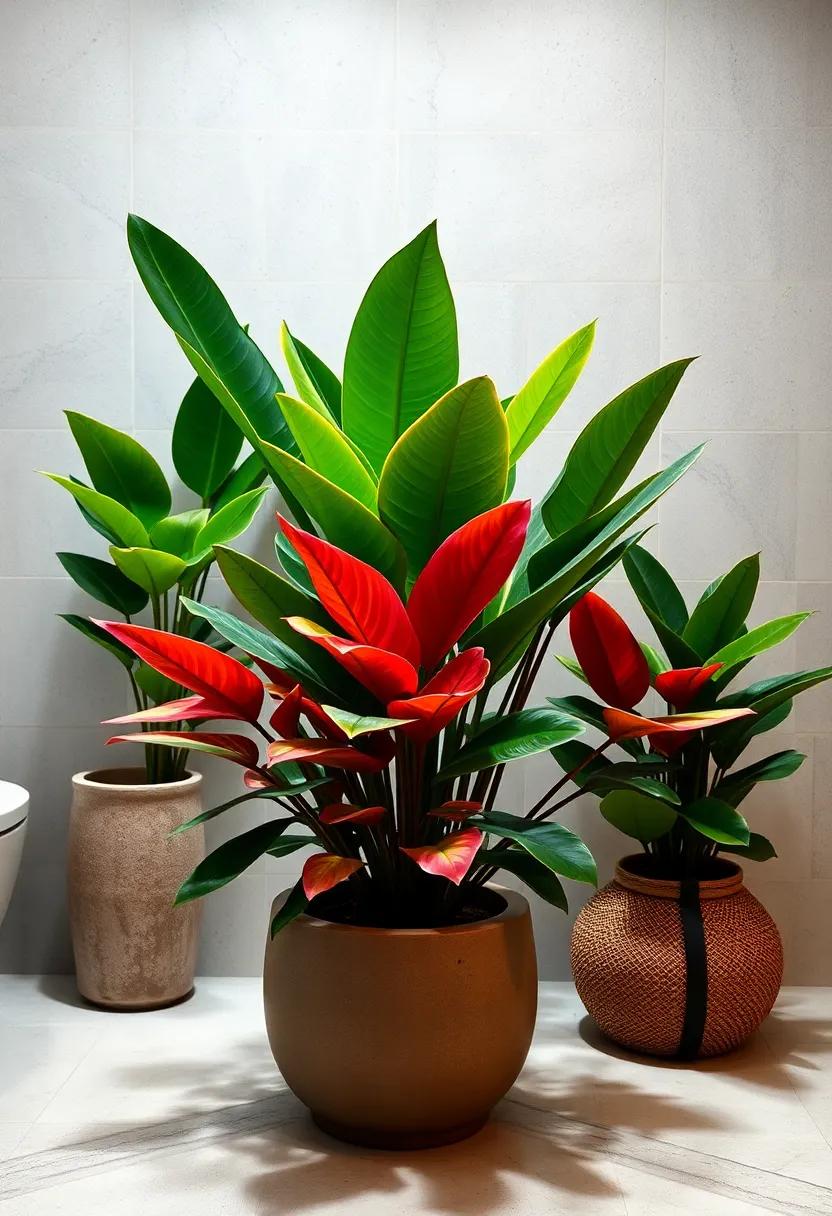 Calathea: Colorful leaves make Calathea an eye-catching choice, and it relishes in the humid air typical in bathrooms