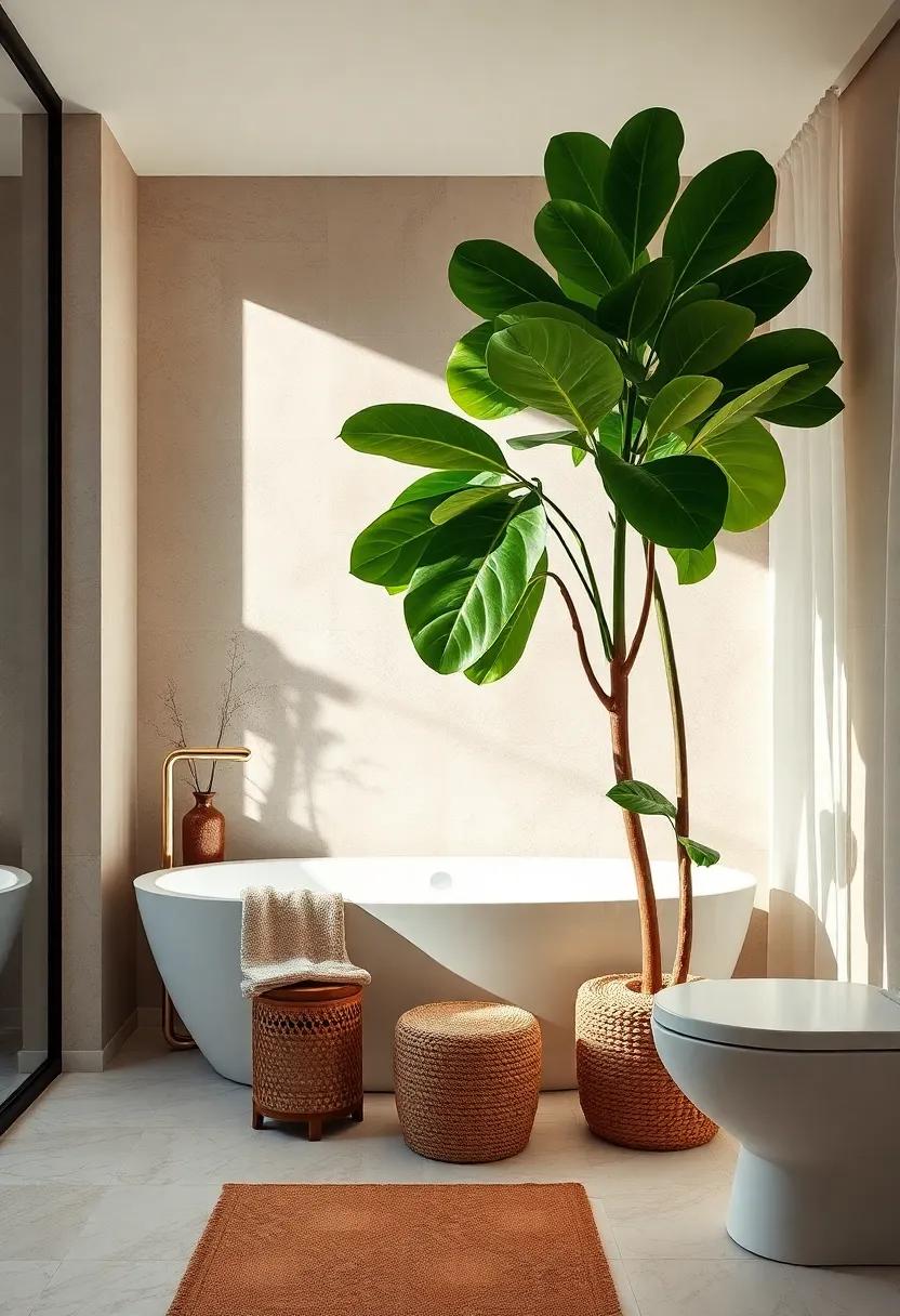 Fiddle Leaf Fig: A popular trend, this large-leaved beauty acts as a stunning statement piece in spacious bathrooms with lots of natural light