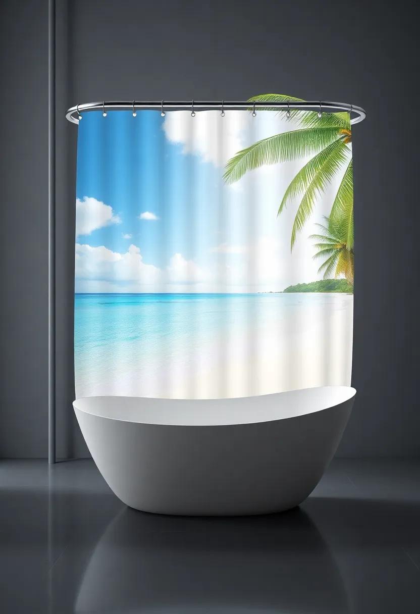 Beach scene Murals: Escape to paradise with shower curtains depicting tropical beach scenes,perfect for creating a relaxing spa‌ atmosphere at home