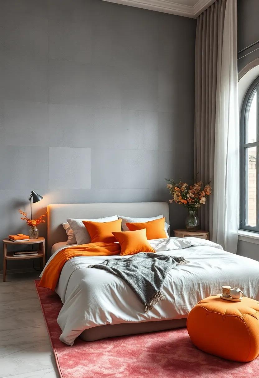 Juicy Tangerine: Bright tangerine‍ creates a⁤ lively contrast, bringing energy and ⁣enthusiasm into a gray bedroom setting