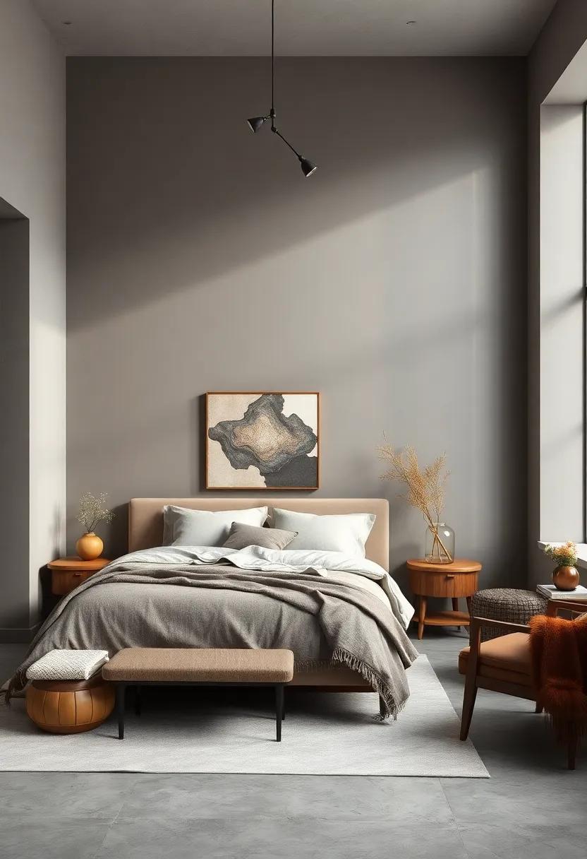 Warm Earth Brown: Earthy browns add grounding elements to gray, making your bedroom feel more connected to nature