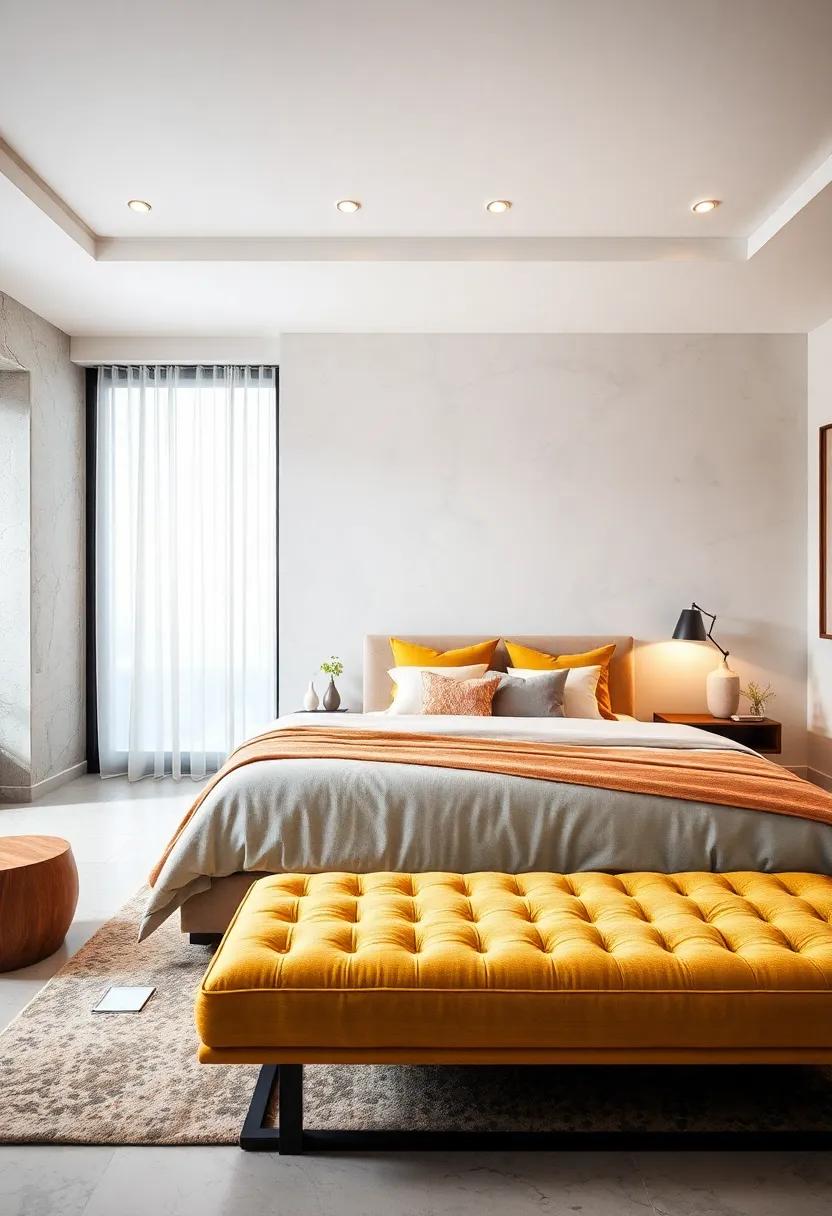 Choose a striking, contemporary bench at the foot​ of the bed, adding scintillating style and practicality ‌to‌ your bedroom design