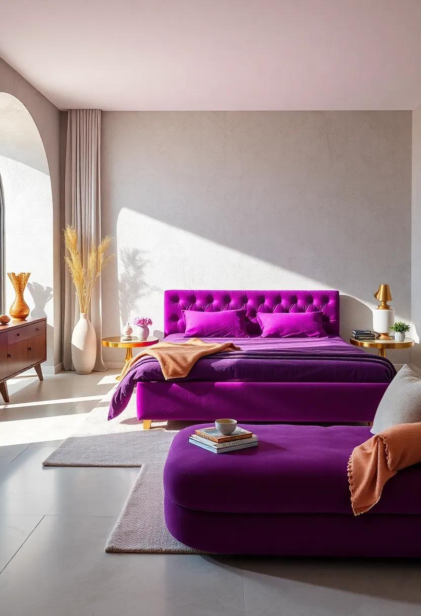 Embrace the power​ of color ‍with ​a ‌vibrant purple velvet bed that becomes the focal point of a⁣ minimalist white bedroom,epitomizing⁣ elegance⁣ and ⁢drama