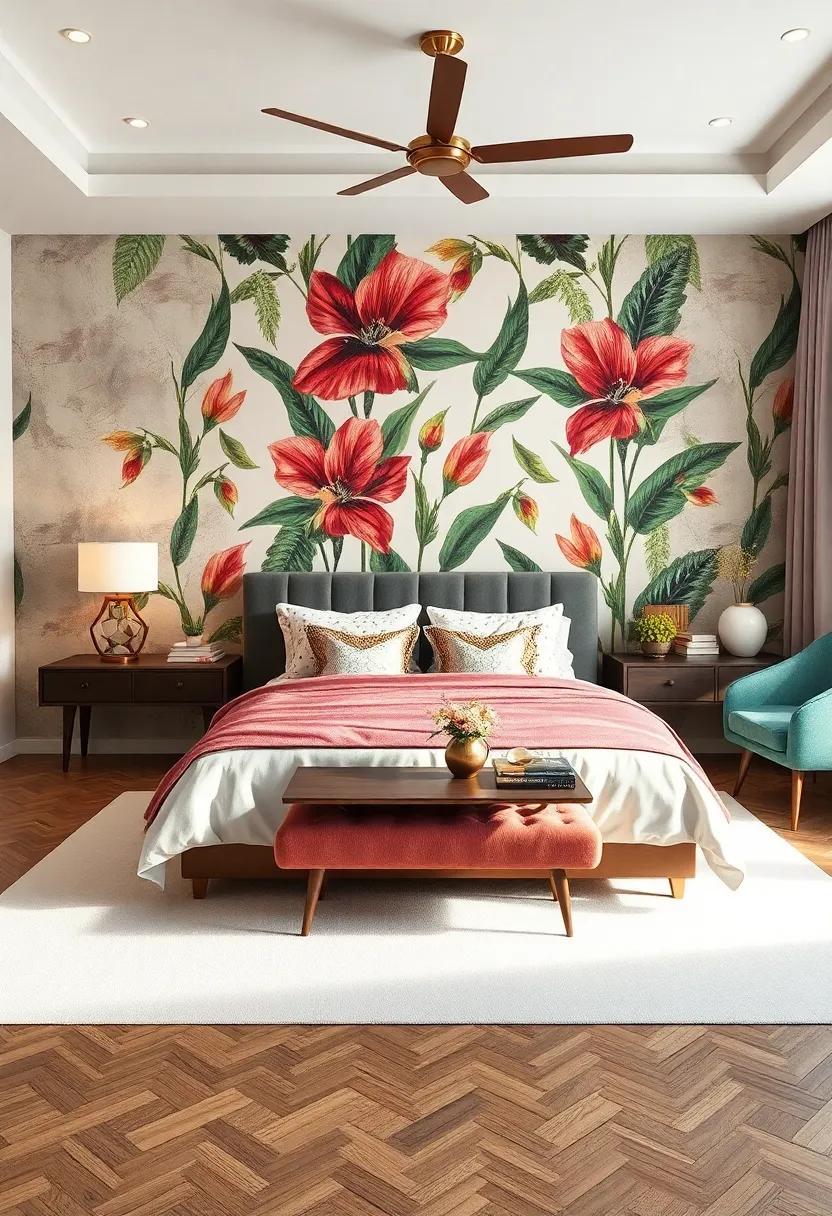 Embrace maximalism with bold wallpaper featuring oversized botanical prints, perfectly‌ complementing retro-inspired furniture