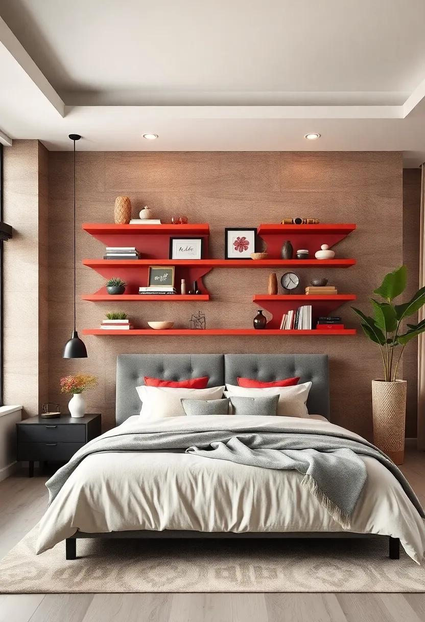 Finish with‍ a statement⁣ wall of ⁢floating‍ shelves in a​ bold color, showcasing ⁣curated ‌decor and ⁣personal​ treasures while breaking the monotony