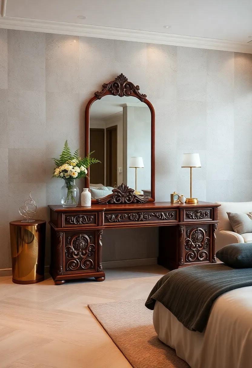 Select a stunning ⁢vanity table ⁤in rich mahogany with ‍intricate carvings,⁢ making a regal statement that combines both‍ utility and beauty