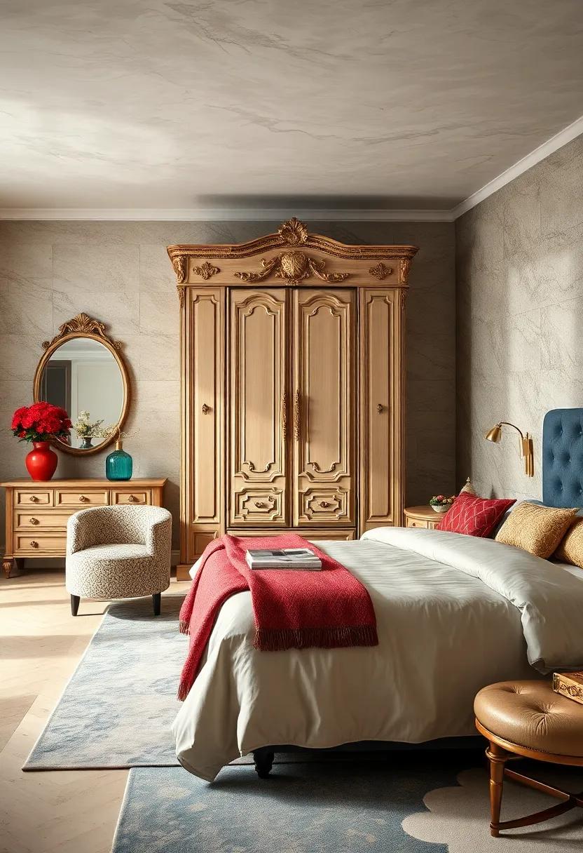 Showcase a⁢ vintage wardrobe​ with ornate details, bridging the gap between classic luxury and modern sensibilities in your ⁤bedroom
