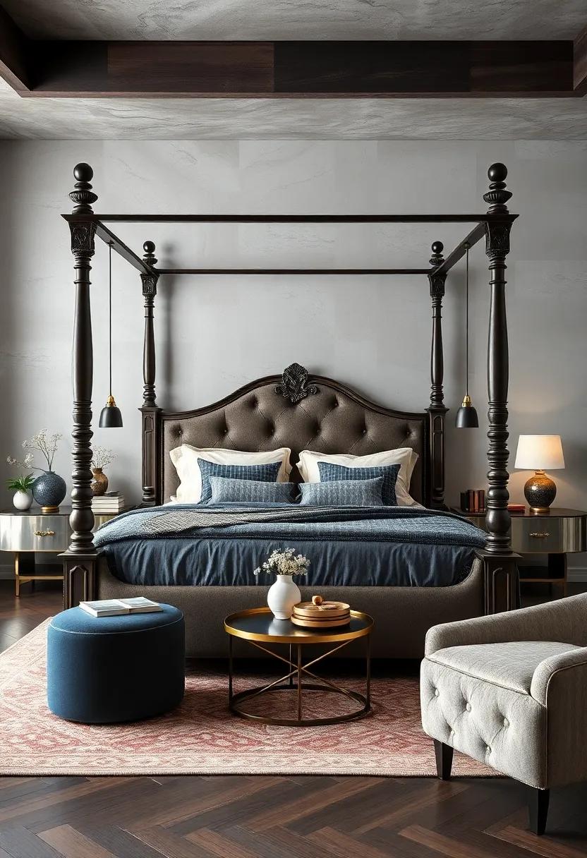 Spotlight a dramatic gothic-style four-poster bed that draws attention ‍to both its intricate design​ and rich fabric, bringing whimsy to the room