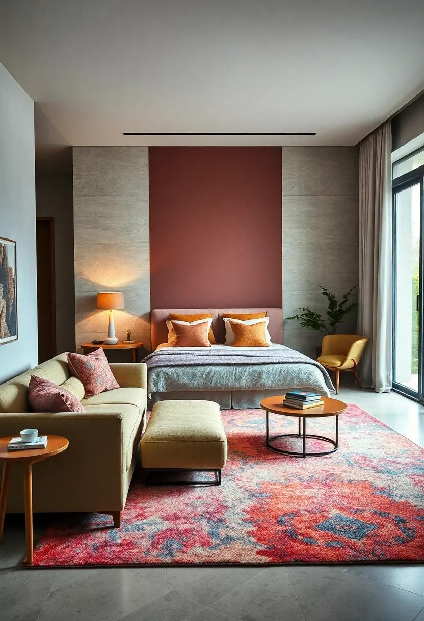 Use a⁣ vibrant area‌ rug ⁤to define your‌ space, anchoring bold furniture ⁢pieces while‍ adding warmth ‍and texture underfoot