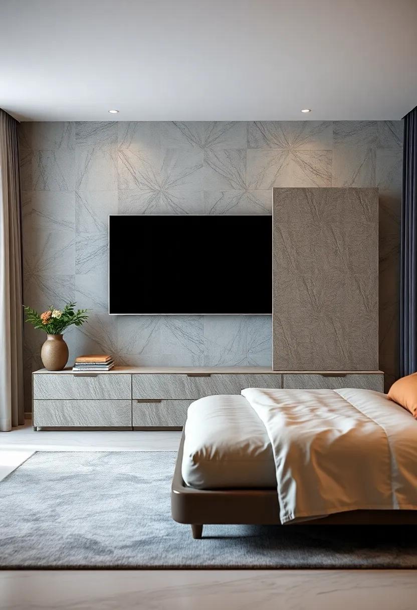 Bold Geometric ⁣Patterns: A theatrical, patterned TV unit with sliding doors that serves as a statement piece in your stylish bedroom