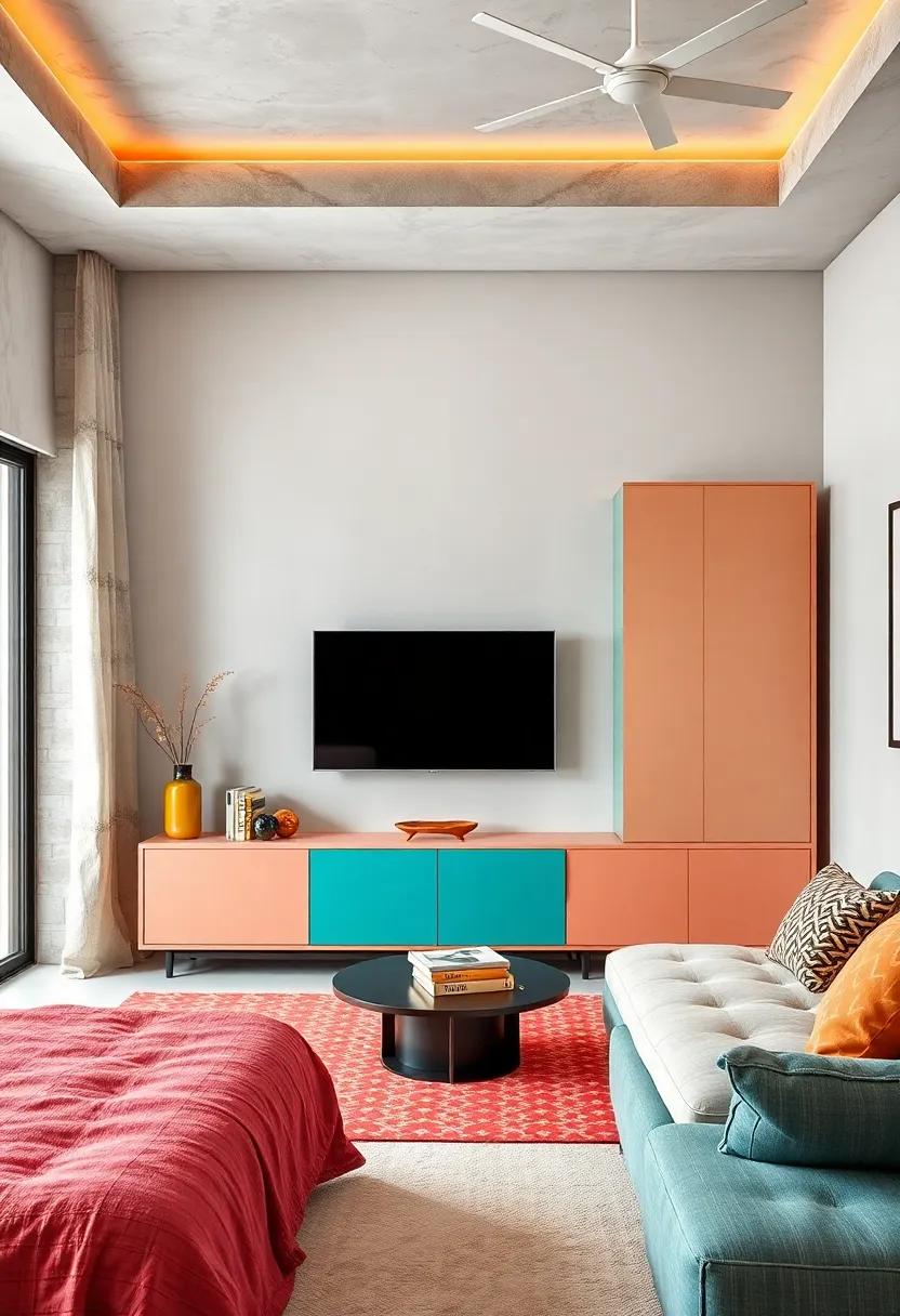 Bright and Colorful: A vibrant TV ⁣unit in⁣ bold ​hues,‌ with ⁣playful‌ sliding ‌doors ​that invigorate your bedroom space