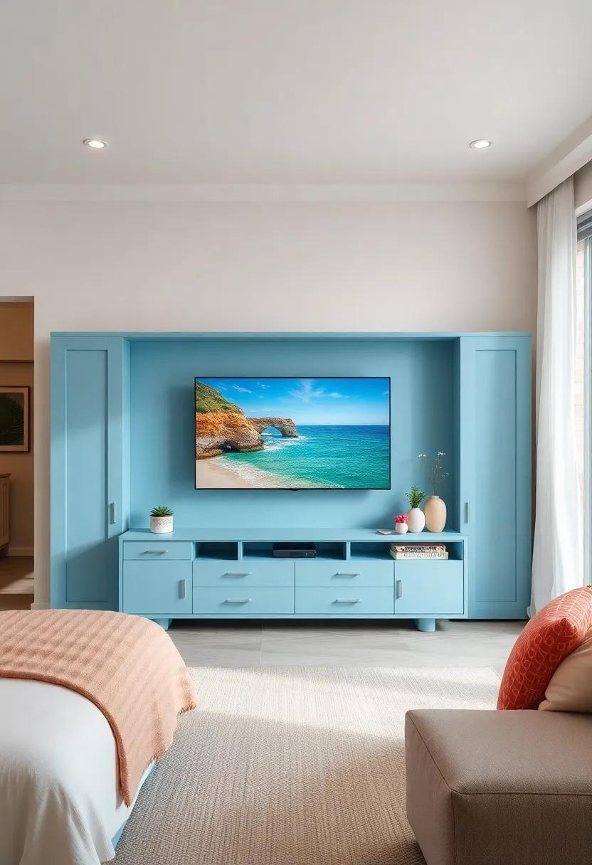 Coastal Vibes: A light blue‍ and white TV unit with sliding⁣ doors that radiate⁢ beachy relaxation, perfectly suited for ‍a tranquil retreat