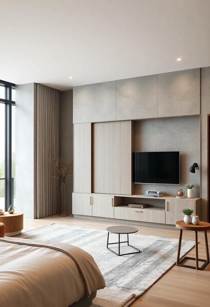 Contemporary Luxe: A TV unit‍ with a high-end feel, boasting soft-close sliding doors ⁤and premium materials for a refined bedroom design