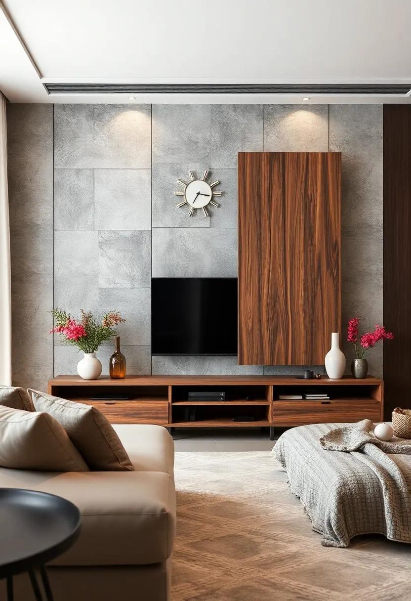 Layered ​Textures: A textured‍ TV unit combining wood, metal, and ⁤fabric‌ elements, with sliding doors that offer visual intrigue