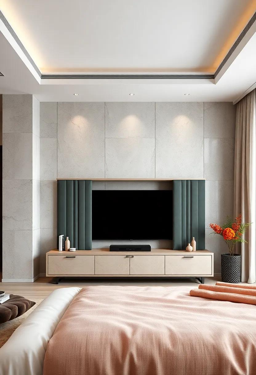 Luxurious Velvet Touch: A stunning‌ upholstered TV unit adorned with sliding ‌doors, offering a plush feel while keeping your devices hidden