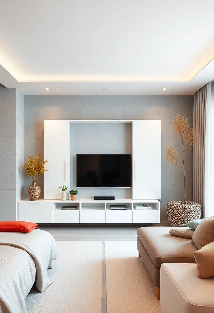 Minimalist All-White: A pure white⁣ TV unit with‌ crisp sliding ‌doors,ensuring your‍ bedroom​ feels open and airy while⁣ maintaining functionality