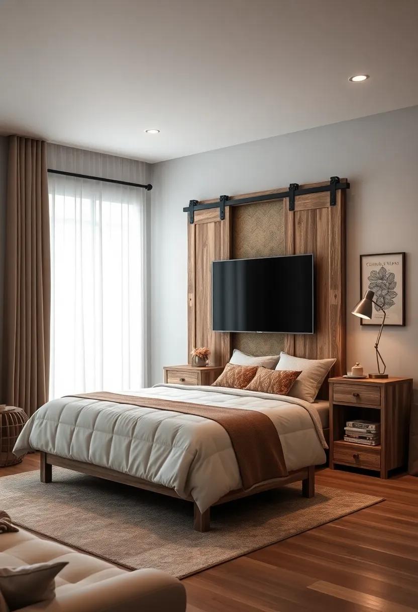 Rustic‌ Farmhouse ⁤Appeal: A distressed wood ‍TV unit ​with charming sliding barn doors that ​evokes warmth and character ⁣in your ​space