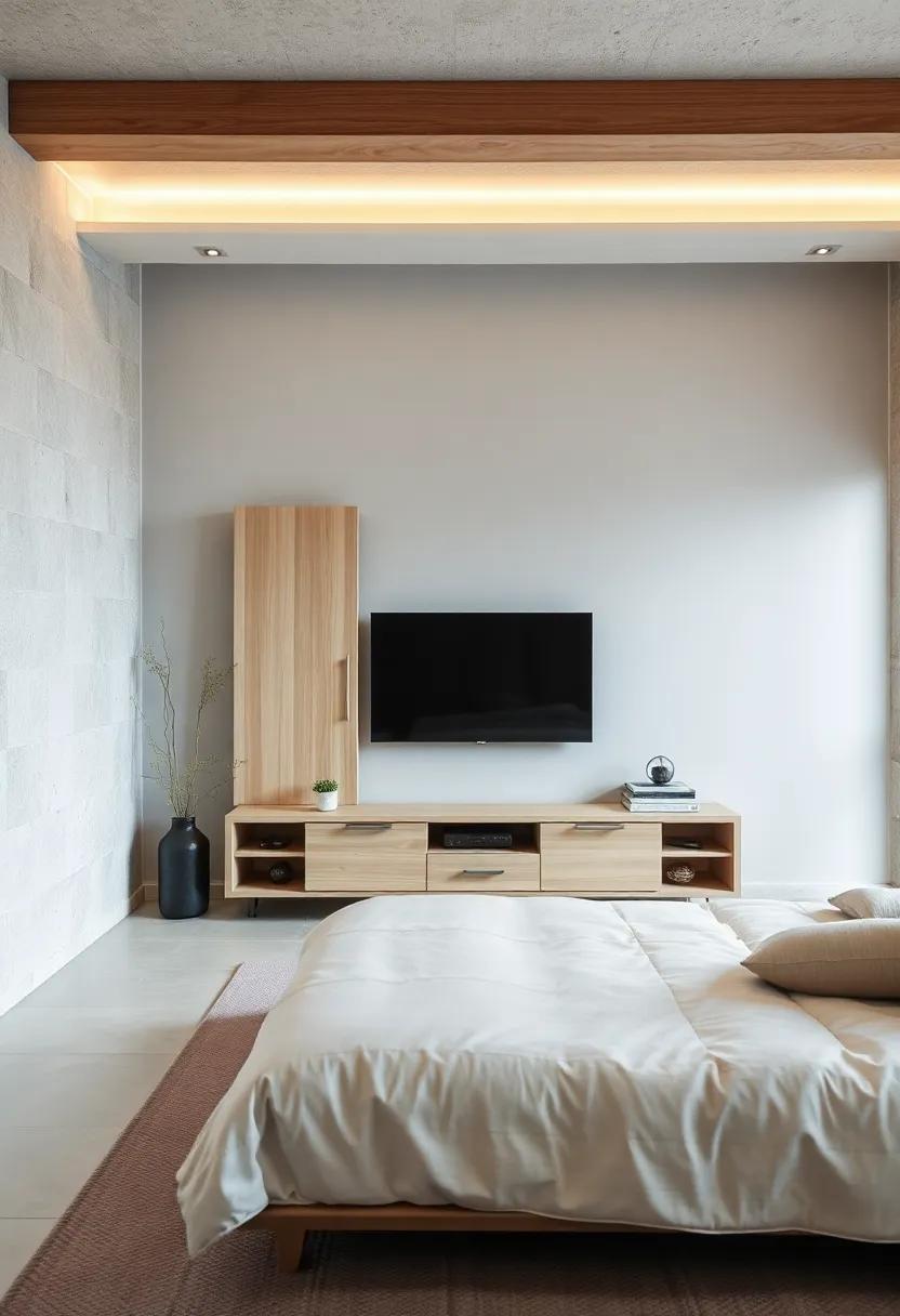 Scandinavian Simplicity: A⁢ light wood TV unit with​ sliding⁢ doors that adds a ‌touch of minimalism, perfect for ⁣a serene ‌bedroom ‍atmosphere